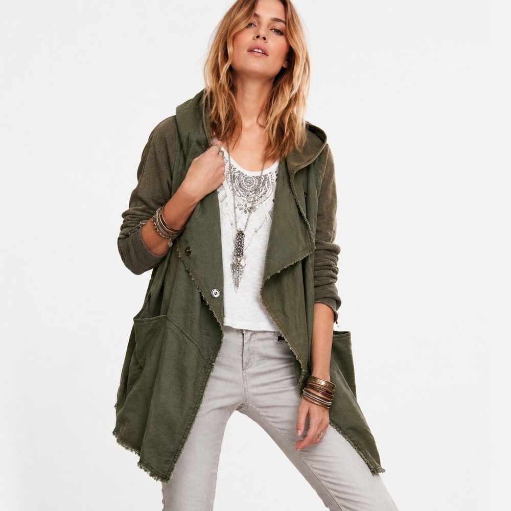 Free People Drippy Linen Army‎ Hooded Wrap Jacket Small P/S